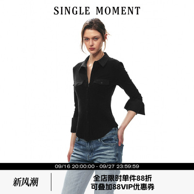 SINGLE MOMENT 26AW法式时尚摩登都市针织修身长袖翻领衬衫上衣女
