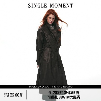 SINGLE MOMENT 26AW复古经典英伦风蜡感双排扣长款休闲风衣外套女