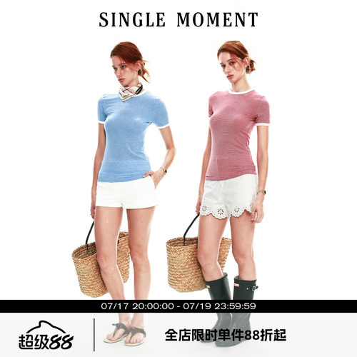SINGLE MOMENT 26SS法式夏季休闲牙签条针织撞色短袖T恤上衣女