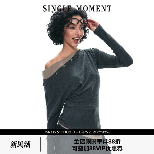 SINGLEMOMENT斜肩假两件打底衫