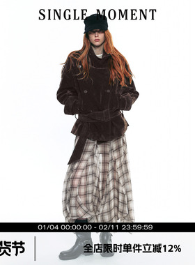 SINGLE MOMENT 25AW法式复古植绒大立领短款双排扣系腰风衣外套女