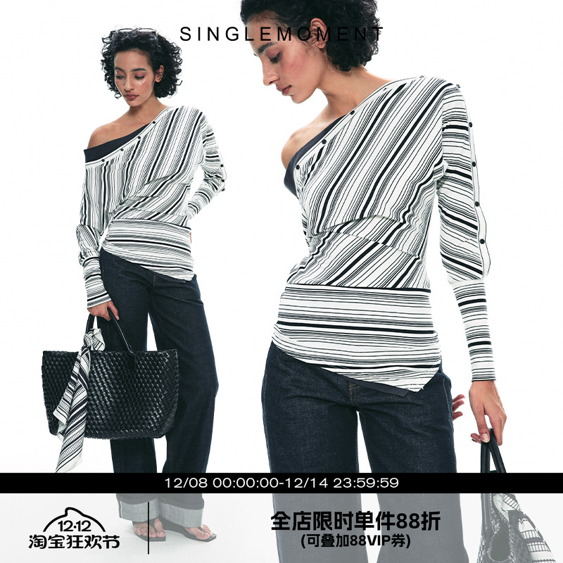 SINGLEMOMENT斜肩假两件打底衫