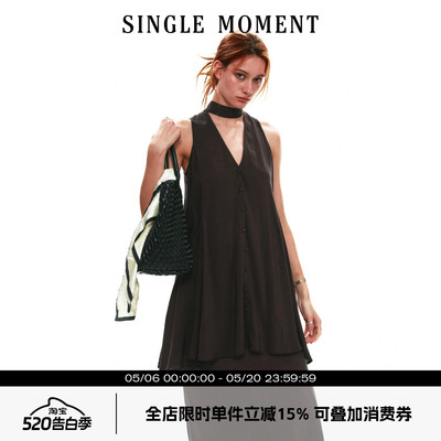 SINGLE MOMENT 26SS夏季法式铜氨丝A字V领飘带无袖宽松连衣裙女