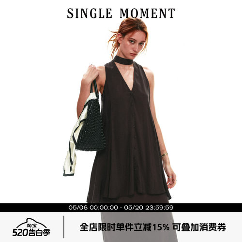 SINGLE MOMENT 26SS夏季法式铜氨丝A字V领飘带无袖宽松连衣裙女