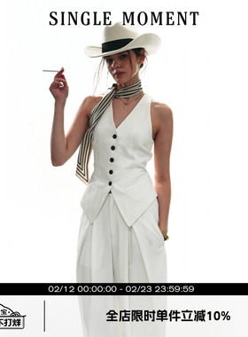 SINGLE MOMENT25SS秋季新款法式v领无袖设计休闲修身马甲白色套装