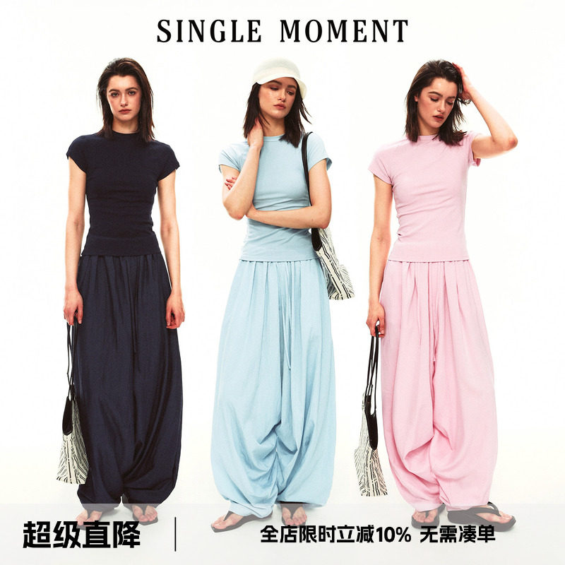 SINGLE MOMENT 26SS法式连肩飞袖修身T恤度假风宽松阔腿拖地裤女 - 实物图