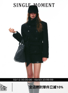 SINGLE MOMENT 25AW法式保暖双面呢羊毛短款双排扣立领系腰外套女