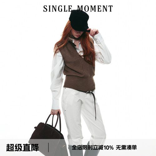 SINGLE MOMENT 26AW法式立领皮袢无袖肌理感宽松毛衣马甲上衣女