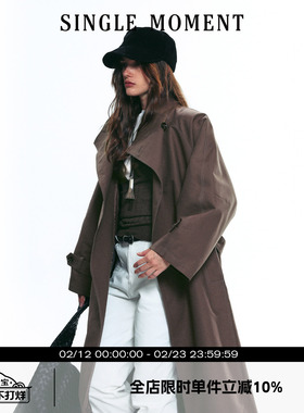 SINGLE MOMENT 25AW秋季双面缎纹A字廓形半立领长款风衣外套女