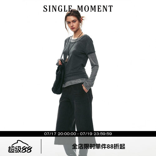 SINGLE MOMENT 26AW法式经典通勤假两件撞色长袖针织T恤圆领上衣