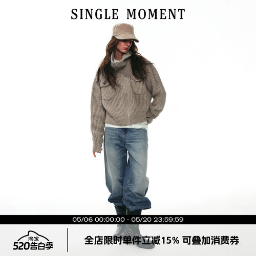 SINGLE MOMENT 25AW法式高级感气质手织三针加厚高领毛衣外套开衫