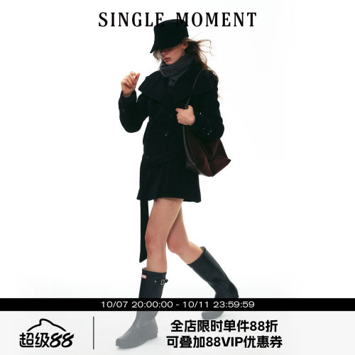 SINGLE MOMENT 25AW法式经典双排扣正肩中长款羊毛呢子大衣外套女