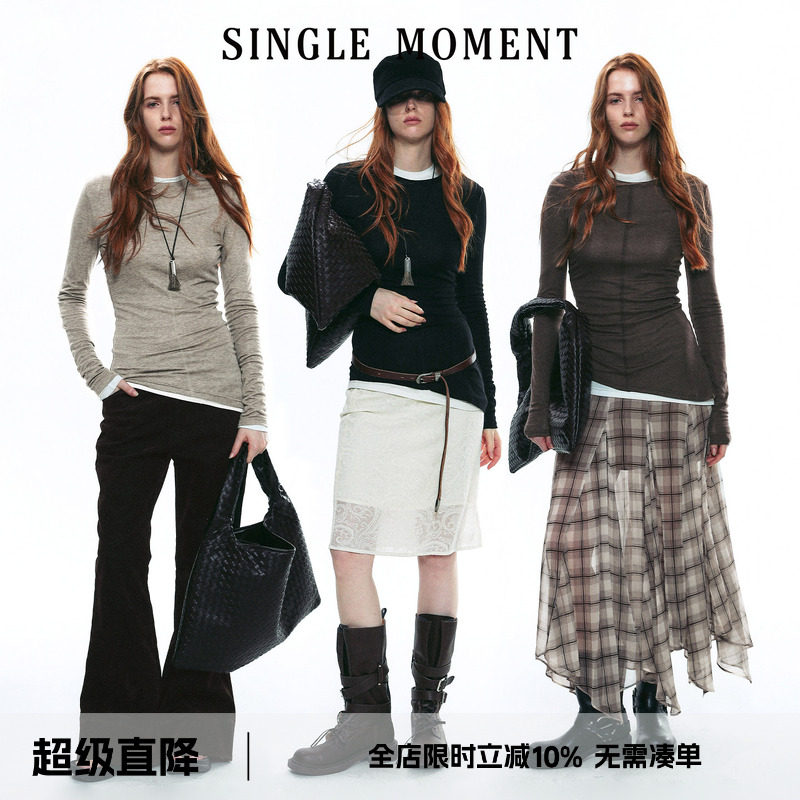 SINGLE MOMENT 25AW法式莱赛尔羊毛混纺叠穿长袖T恤打底衫上衣女图片