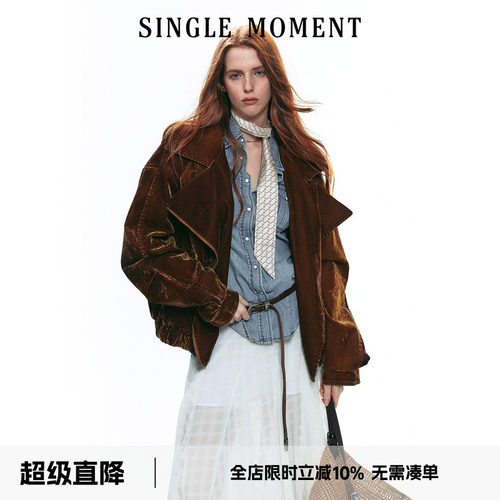 SINGLE MOMENT 25AW法式复古毛领短款绒感翻领夹克外套工装上衣女