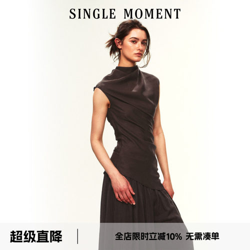 SINGLE MOMENT 26SS夏季法式帆船领不对称斜肩抽褶无袖上衣T恤女
