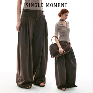 阔腿裤 SINGLE 复古皮袢宽松裥褶休闲直筒宽松西裤 26SS法式 MOMENT
