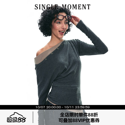 SINGLEMOMENT斜肩假两件打底衫