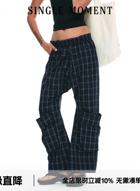 SINGLE MOMENT 25SS夏季新款复古宽松直筒微喇格纹休闲裤长裤女