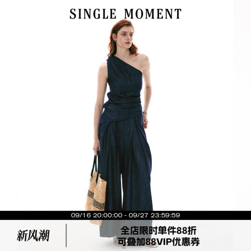 SINGLE MOMENT 26SS法式复古斜肩修身显瘦无袖上衣背心西裤套装女