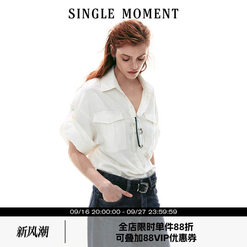 SINGLE MOMENT 26SS法式度假休闲风五分袖修身慵懒翻袖棉麻衬衫女