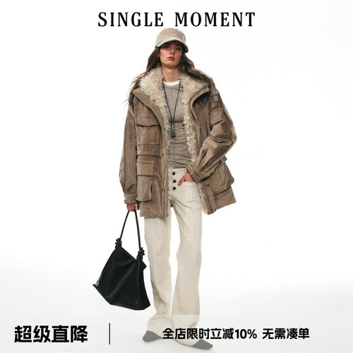 SINGLE MOMENT 25AW法式中长款灯芯绒毛领拼接工装外套派克服女