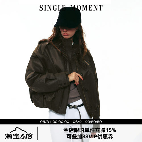SINGLE MOMENT 25AW法式轻奢设计蜡感褶皱复古短款棉衣夹克外套女