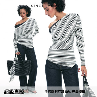 T恤打底衫 SINGLE MOMENT 25SS斜肩假兩件撞色條紋長袖 彈力上衣女