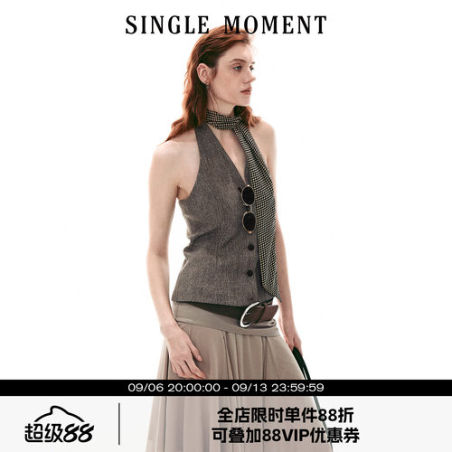 SINGLE MOMENT 26SS法式复古简约粗纺挂脖修身无袖背心马甲上衣女