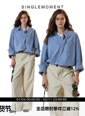 SINGLE MOMENT 天蓝色纯棉异形门襟宽松百搭通勤长袖衬衫