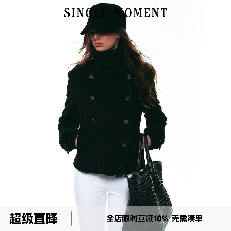 SINGLE MOMENT 25AW法式时尚经典双排扣正肩斜纹羊毛立领短外套女