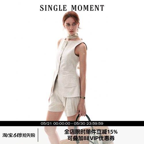 SINGLE MOMENT 26SS夏季意式帆船领复古条纹收腰马甲短裤套装女