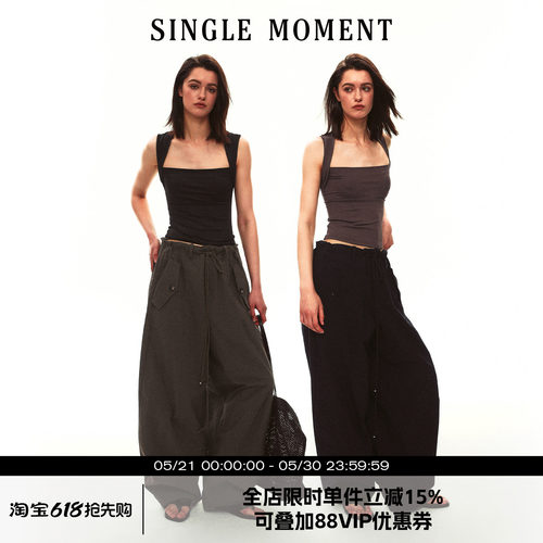 SINGLE MOMENT 26SS夏季法式梯形领抹胸吊带无袖背心修身上衣女
