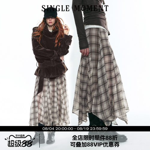SINGLE MOMENT 25AW秋季苏格兰风飘逸感格纹不对称半身裙长裙女