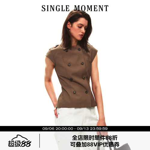 SINGLE MOMENT 26SS夏季法式双排扣翻领收腰短袖修身背心上衣女