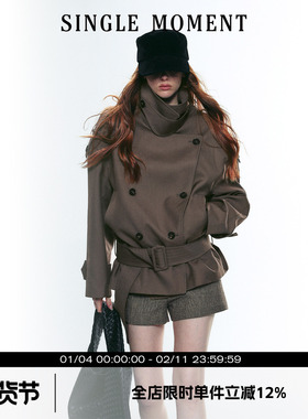 SINGLE MOMENT 25AW法式复古大立领宽肩短款双排扣系腰风衣外套女