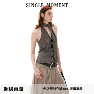 SINGLE MOMENT 26SS法式复古简约粗纺挂脖修身无袖背心马甲上衣女