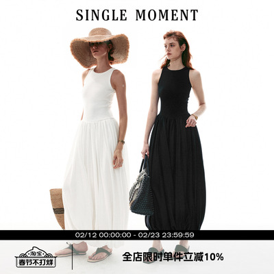 SINGLE MOMENT 26SS法式圆领宽松型花苞气球摆休闲无袖背心连衣裙