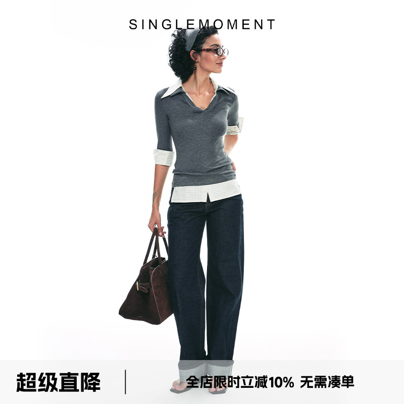 SINGLEMOMENT格子拼接长袖T恤