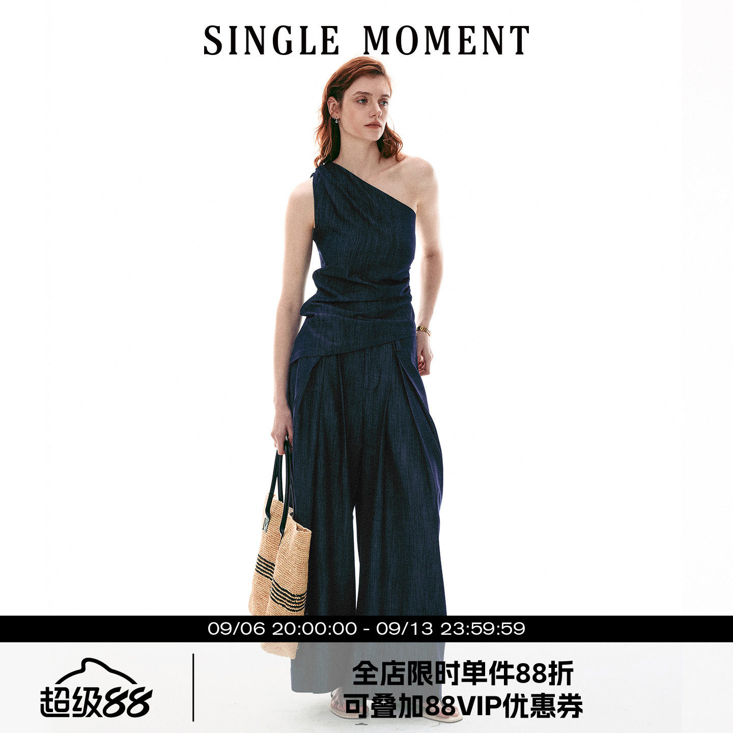 SINGLE MOMENT 26SS法式复古斜肩修身显瘦无袖上衣背心西裤套装女图片