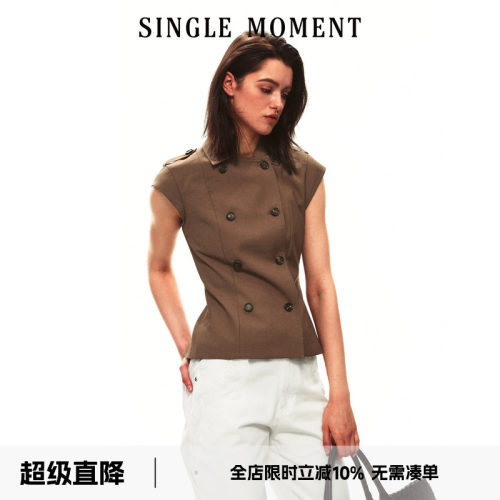 SINGLE MOMENT 26SS夏季法式双排扣翻领收腰短袖修身背心上衣女