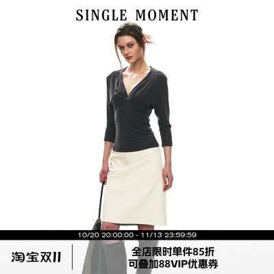 SINGLE MOMENT 26AW法式都市通勤深V收褶七分袖套头针织T恤上衣女