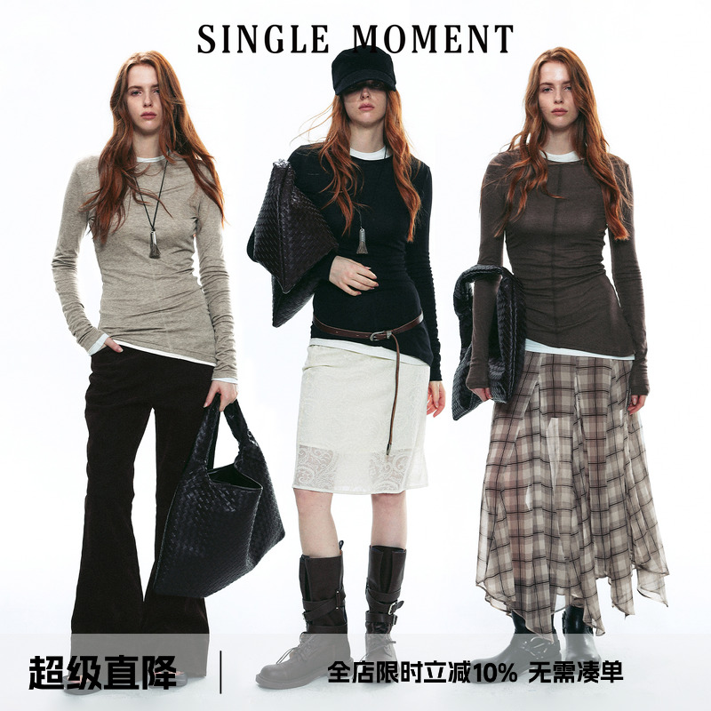 SINGLE MOMENT 25AW法式莱赛尔羊毛混纺叠穿长袖T恤打底衫上衣女
