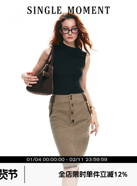 SINGLE MOMENT 25SS夏季新款天丝高领木扣修身显瘦无袖背心女