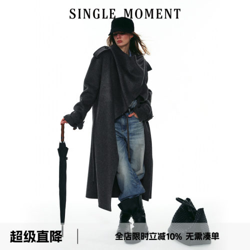 SINGLE MOMENT 25AW法式高级感气质披肩长款羊毛风衣大衣外套女