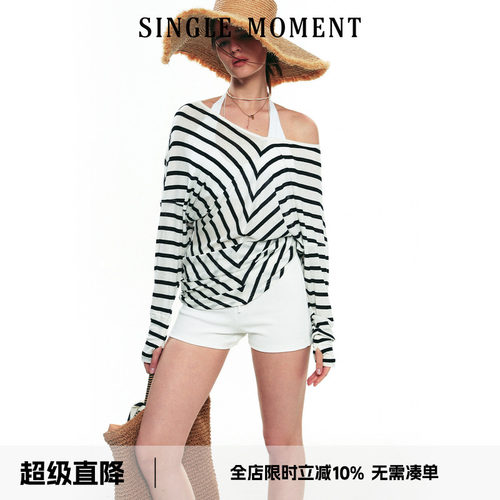 SINGLE MOMENT 25SS夏季法式一字设计感天丝条纹长袖防晒T恤上衣