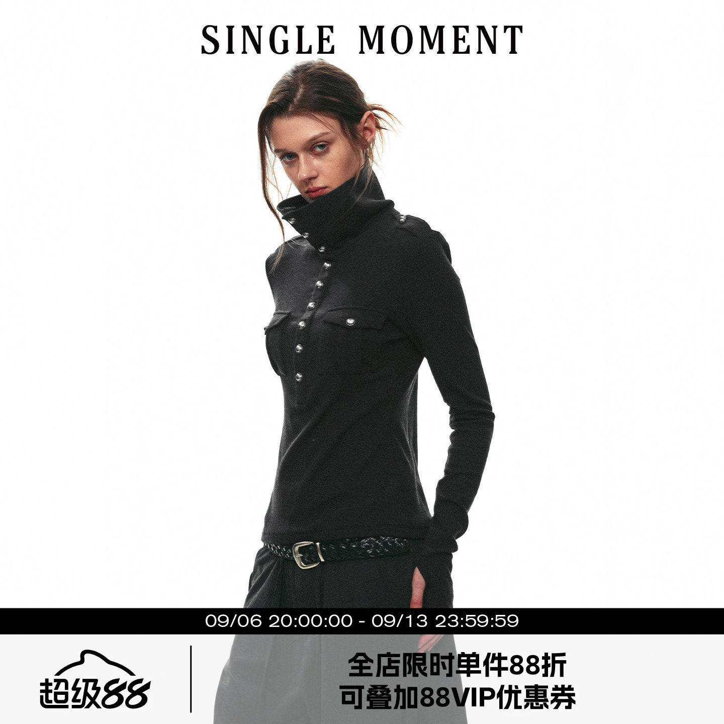 SINGLE MOMENT 26AW法式立领休闲风工装半门襟针织长袖上衣女秋图片