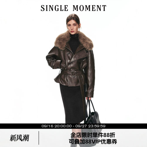 SINGLE MOMENT 26AW法式通勤可拆卸毛领双排扣拉链皮革外套上衣女