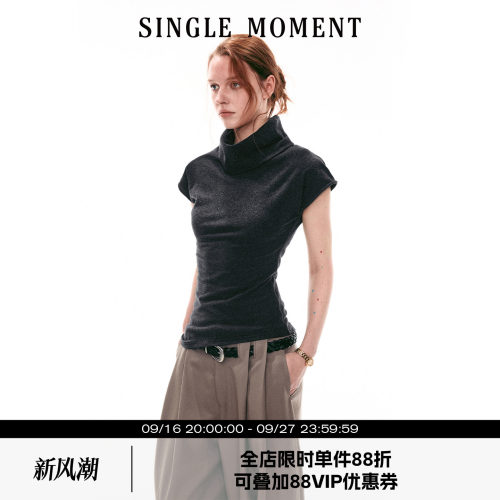 SINGLE MOMENT 26SS法式夏季休闲翻领小飞袖修身针织T恤上衣女