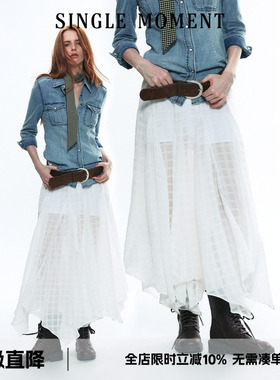SINGLE MOMENT 25AW秋季苏格兰风纯白格纹不对称半身裙长裙女