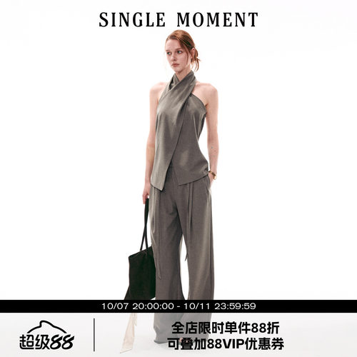 SINGLE MOMENT 26SS法式复古交叉领挂脖无袖上衣直筒休闲西裤套装